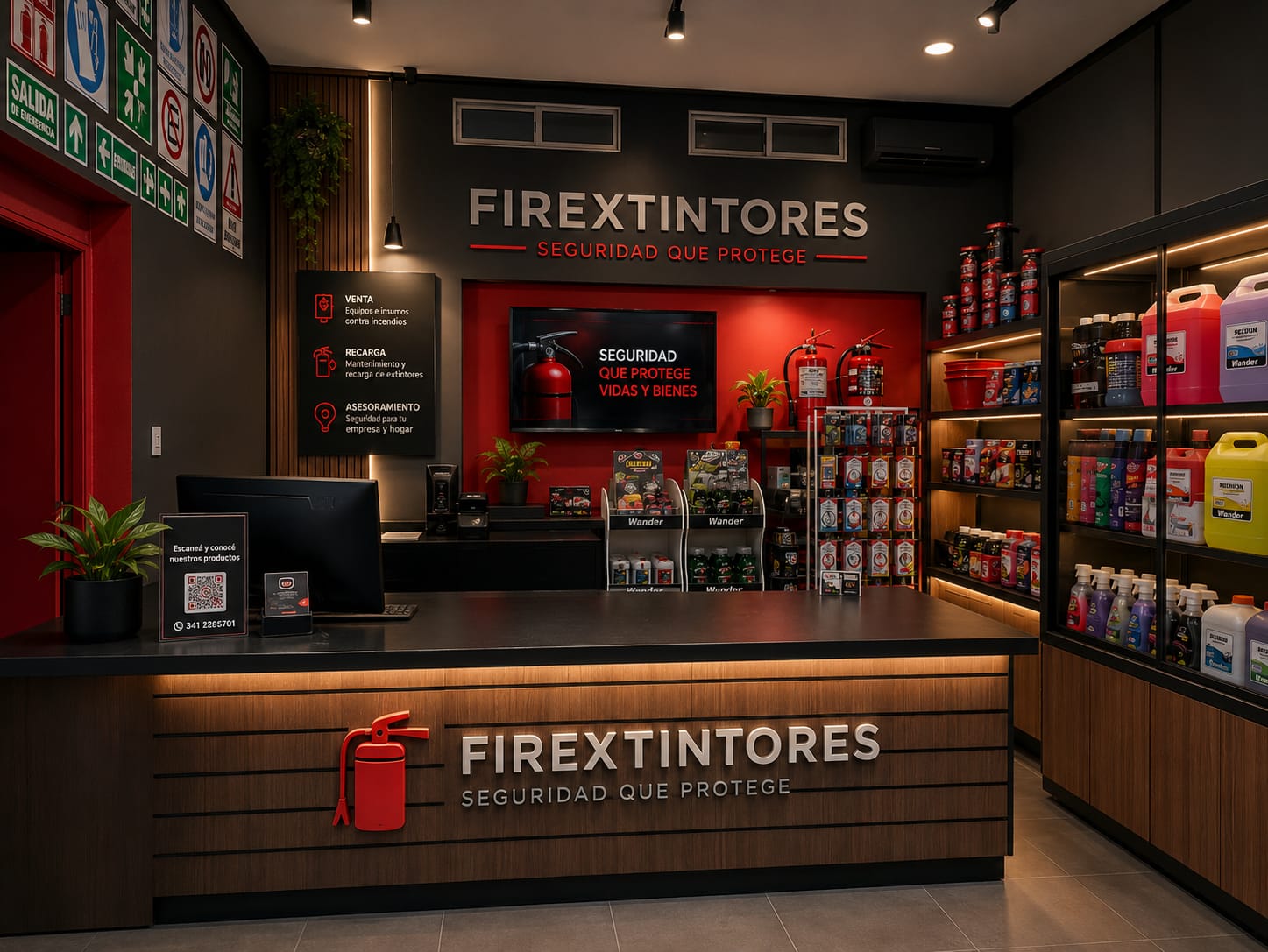 Showroom de Firextintores con exhibición de extintores y productos de seguridad